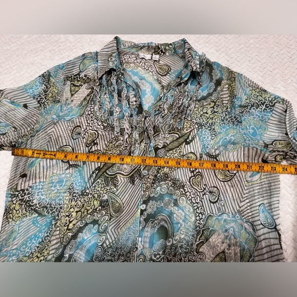 Apt. 9 Sheer Long Sleeve Blouse Blue Grey Olive with Ruffle Detail XL - Picture 8 of 9